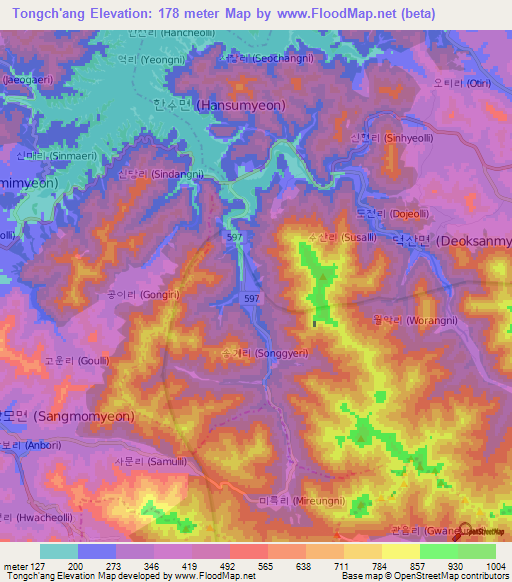 Tongch'ang,South Korea Elevation Map