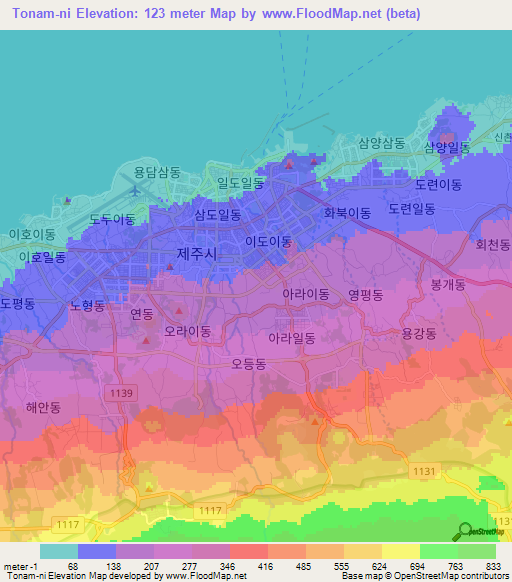 Tonam-ni,South Korea Elevation Map