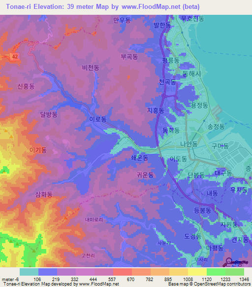 Tonae-ri,South Korea Elevation Map