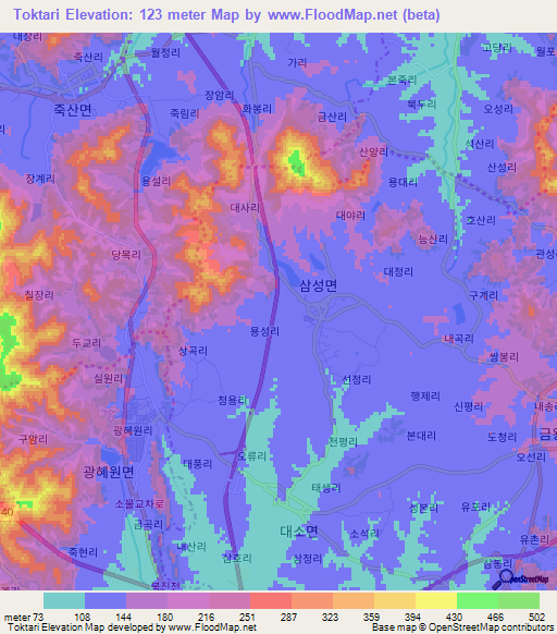 Toktari,South Korea Elevation Map