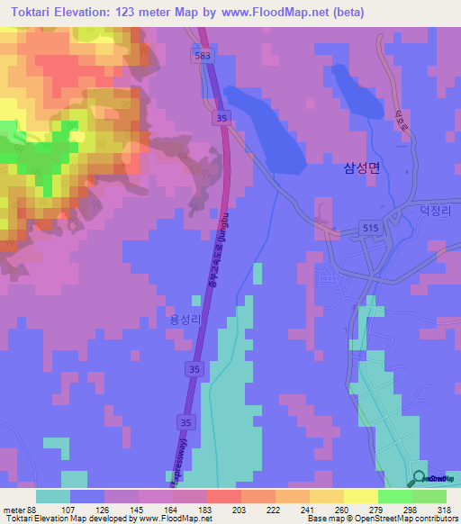 Toktari,South Korea Elevation Map