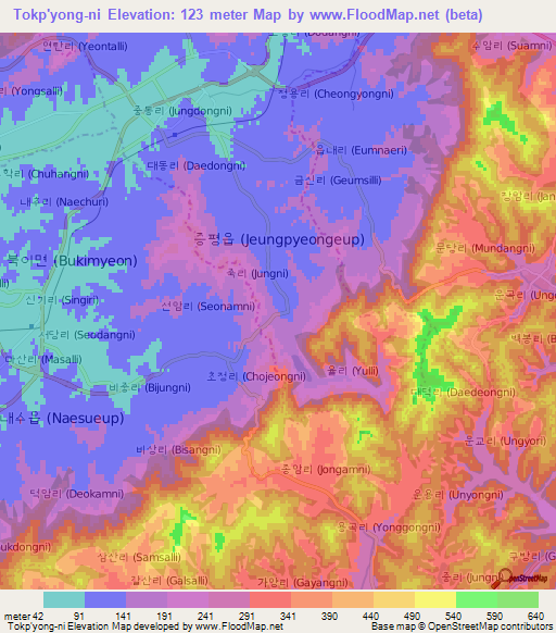 Tokp'yong-ni,South Korea Elevation Map