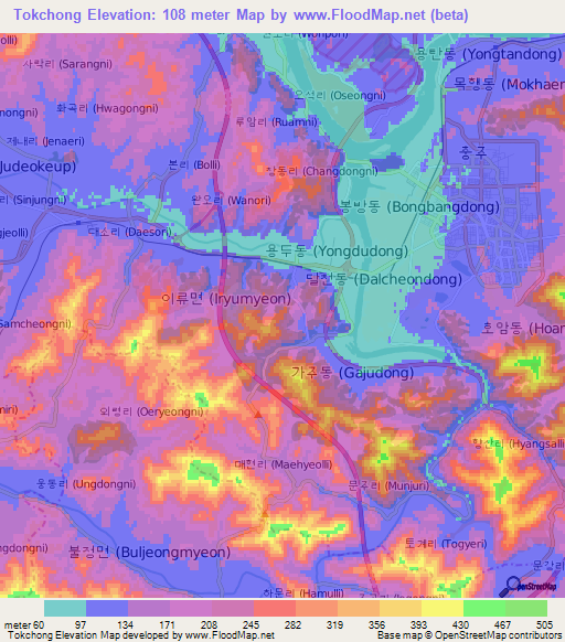 Tokchong,South Korea Elevation Map