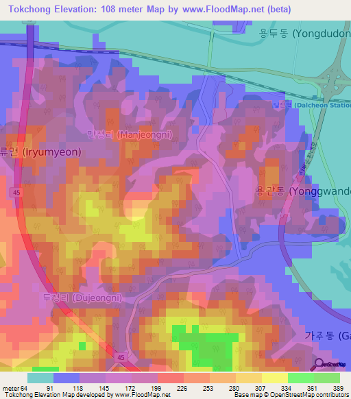 Tokchong,South Korea Elevation Map