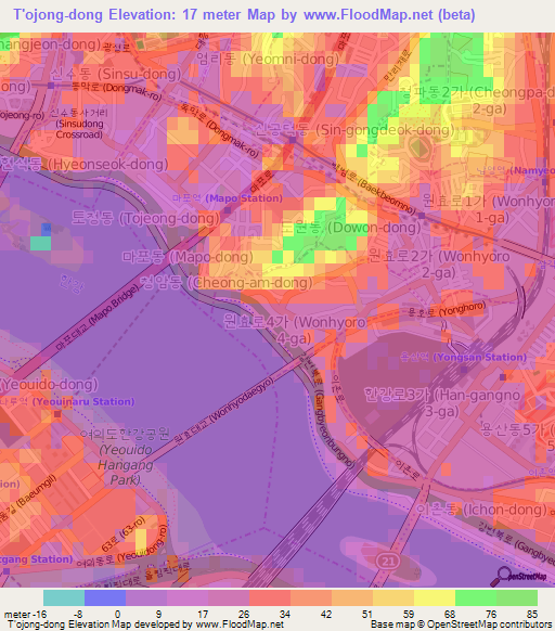 T'ojong-dong,South Korea Elevation Map