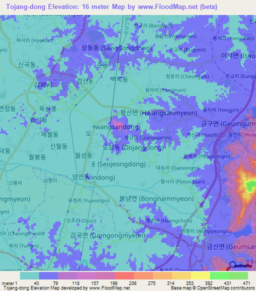 Tojang-dong,South Korea Elevation Map