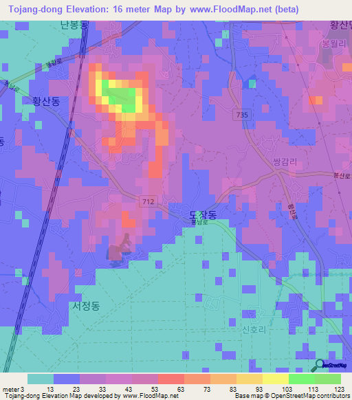 Tojang-dong,South Korea Elevation Map