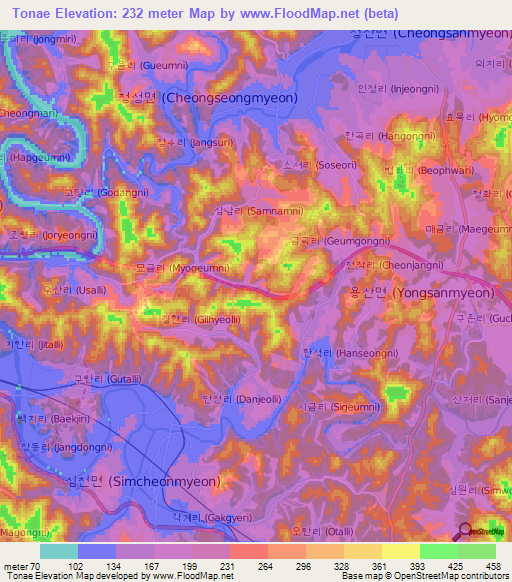 Tonae,South Korea Elevation Map