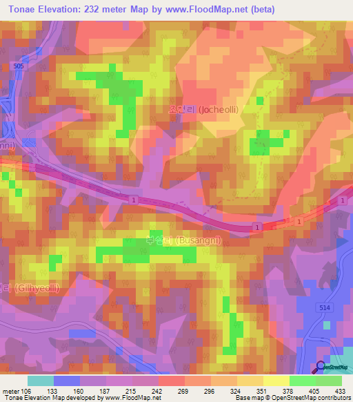 Tonae,South Korea Elevation Map