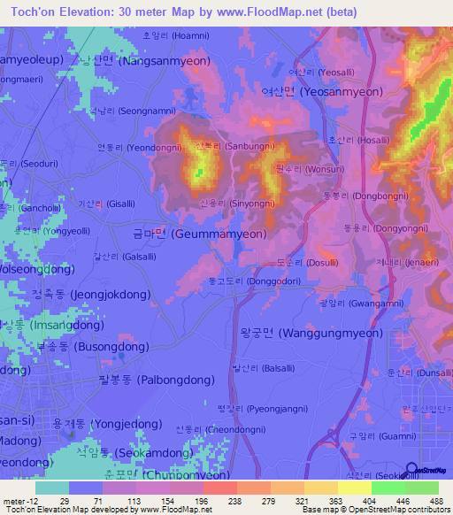 Toch'on,South Korea Elevation Map