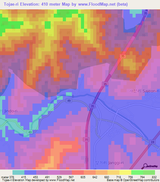 Tojae-ri,South Korea Elevation Map