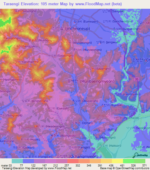 Taraengi,South Korea Elevation Map