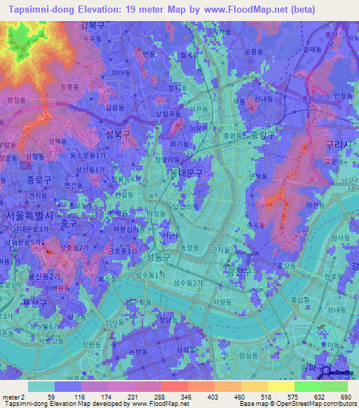 Tapsimni-dong,South Korea Elevation Map