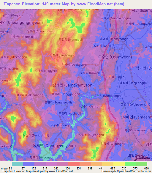 T'apchon,South Korea Elevation Map