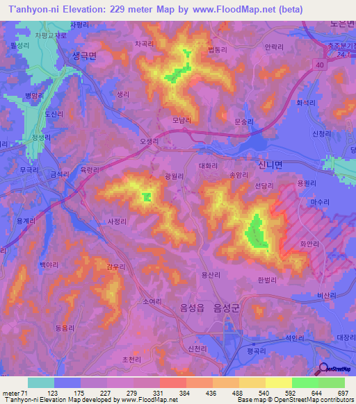 T'anhyon-ni,South Korea Elevation Map