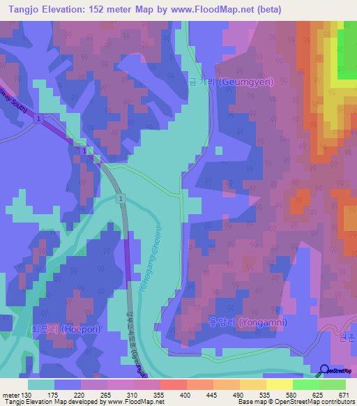 Tangjo,South Korea Elevation Map