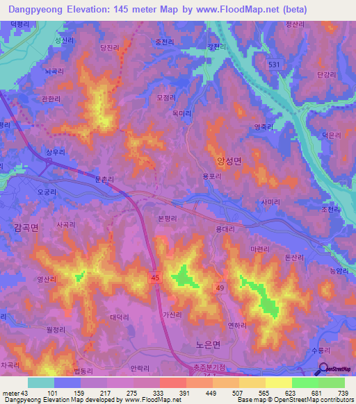 Dangpyeong,South Korea Elevation Map