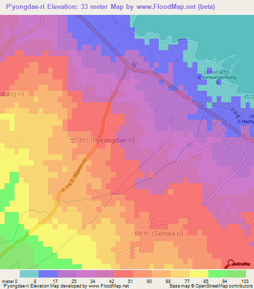 P'yongdae-ri,South Korea Elevation Map