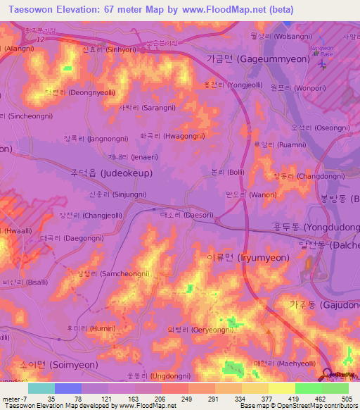 Taesowon,South Korea Elevation Map