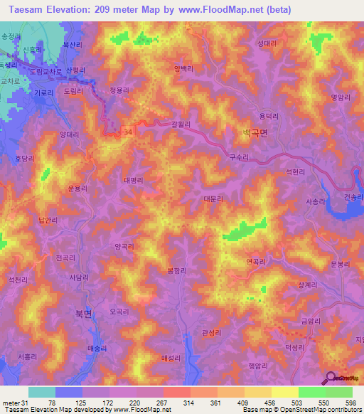 Taesam,South Korea Elevation Map