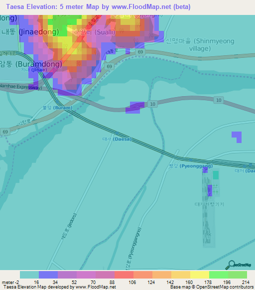 Taesa,South Korea Elevation Map