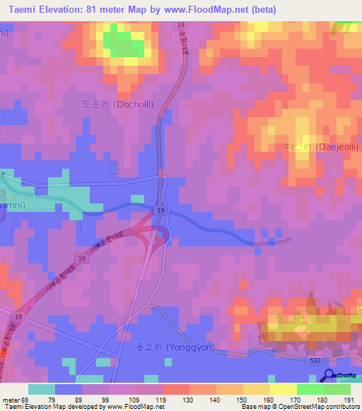 Taemi,South Korea Elevation Map