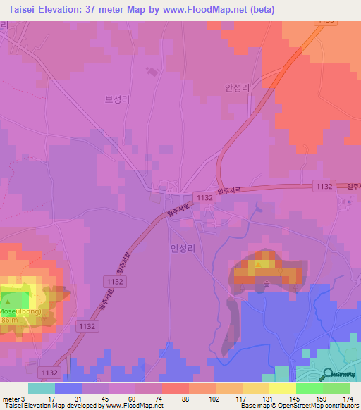 Taisei,South Korea Elevation Map