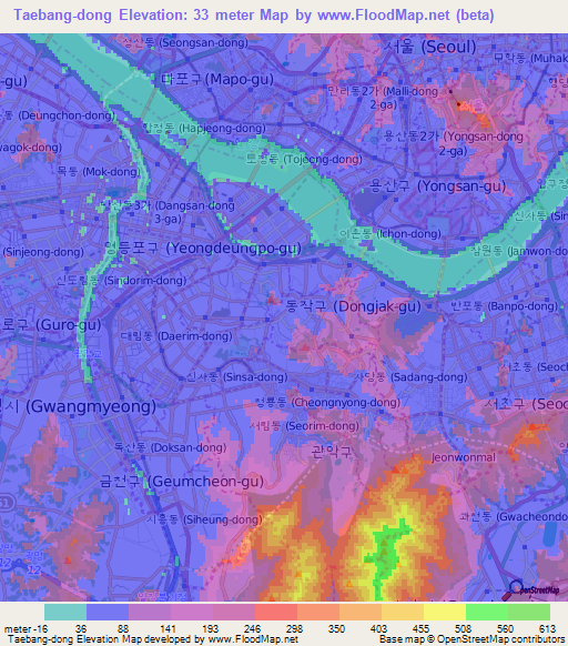 Taebang-dong,South Korea Elevation Map