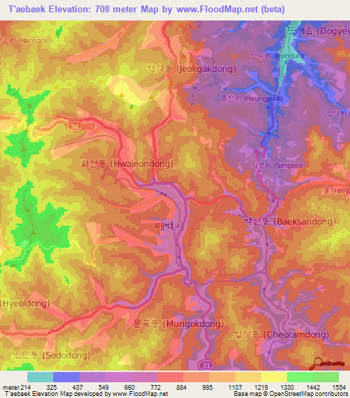 T'aebaek,South Korea Elevation Map