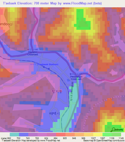 T'aebaek,South Korea Elevation Map