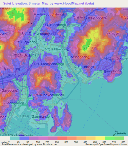 Suiei,South Korea Elevation Map