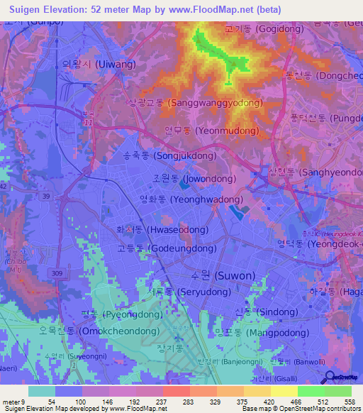 Suigen,South Korea Elevation Map