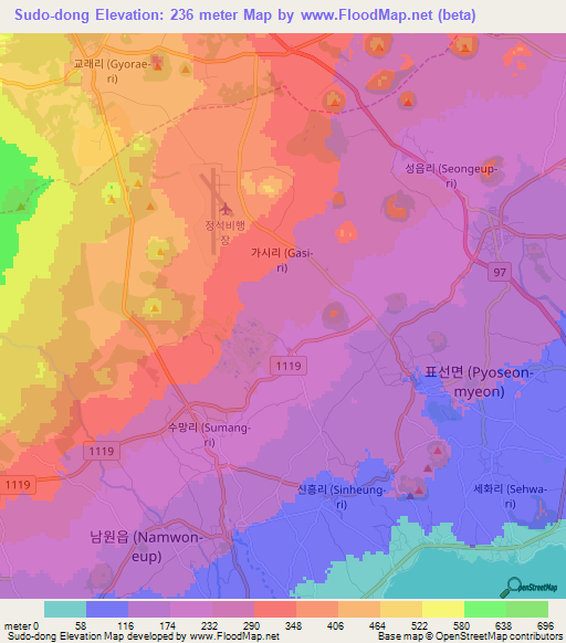 Sudo-dong,South Korea Elevation Map