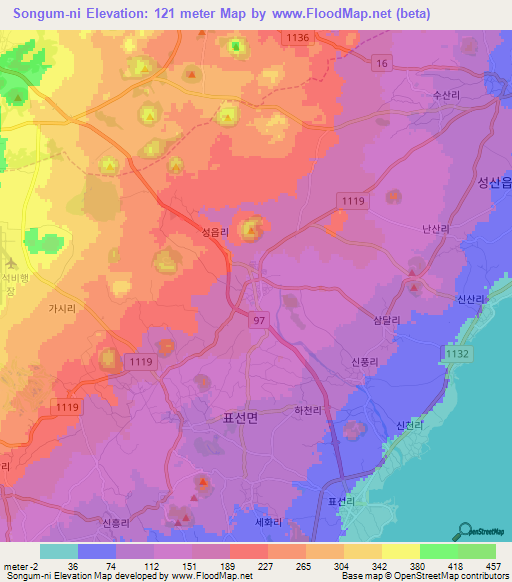 Songum-ni,South Korea Elevation Map