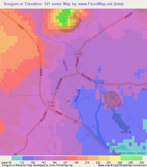 Songum-ni,South Korea Elevation Map