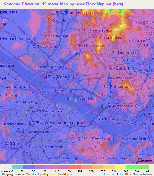 Songang,South Korea Elevation Map