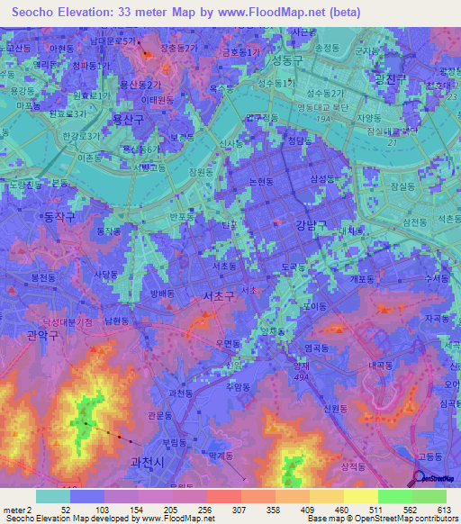 Seocho,South Korea Elevation Map