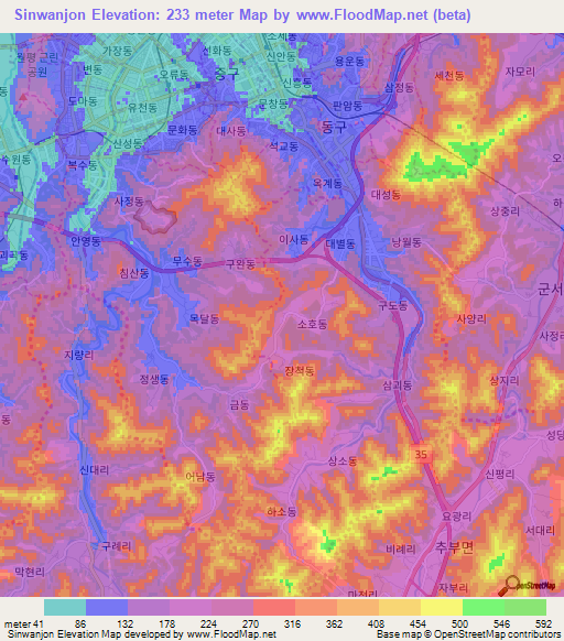 Sinwanjon,South Korea Elevation Map