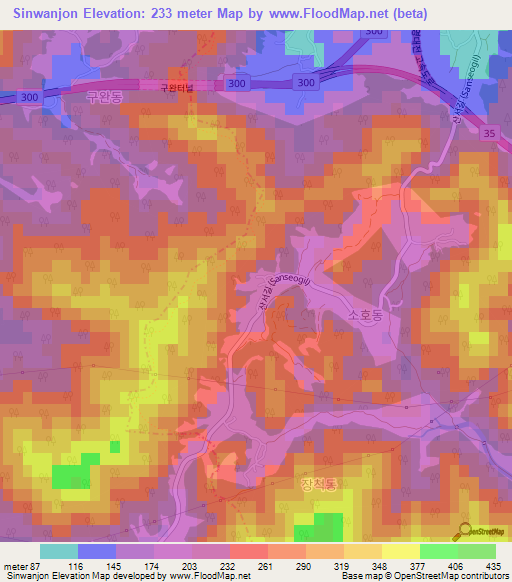 Sinwanjon,South Korea Elevation Map