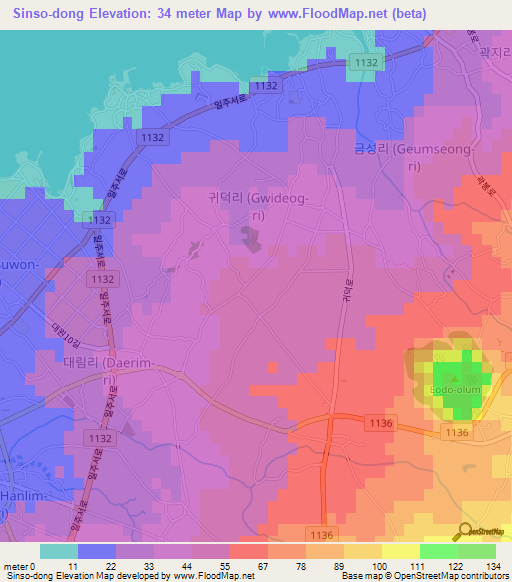 Sinso-dong,South Korea Elevation Map