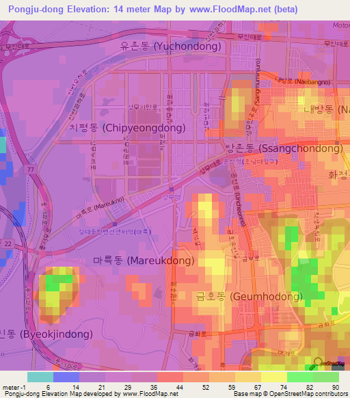 Pongju-dong,South Korea Elevation Map