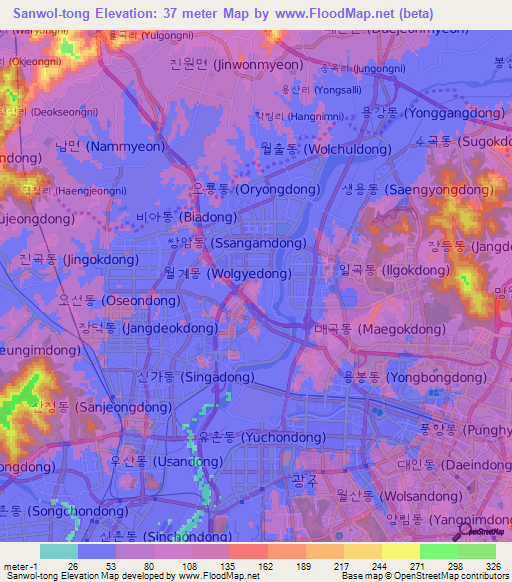 Sanwol-tong,South Korea Elevation Map
