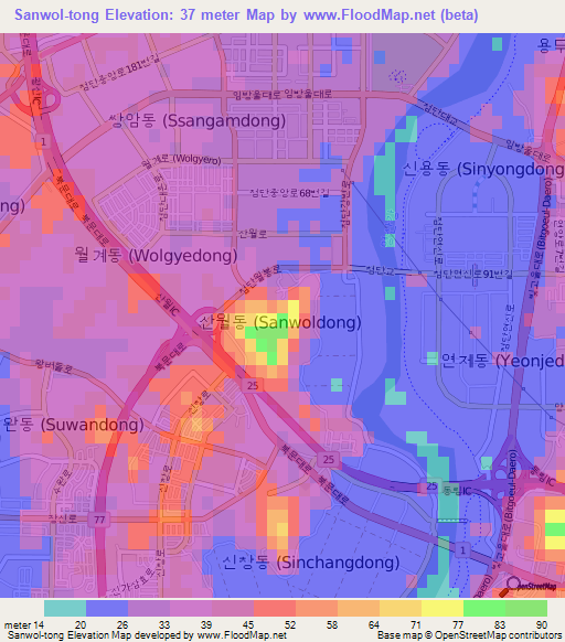 Sanwol-tong,South Korea Elevation Map