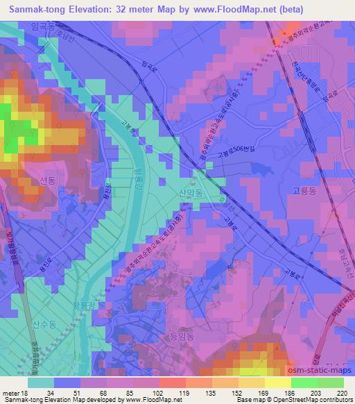 Sanmak-tong,South Korea Elevation Map