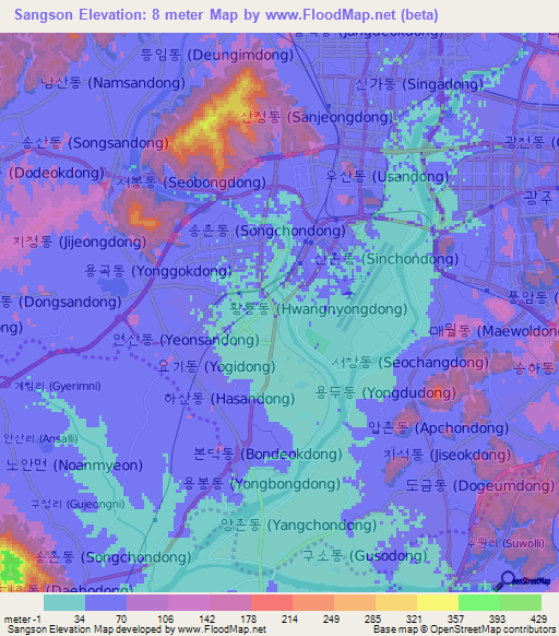 Sangson,South Korea Elevation Map