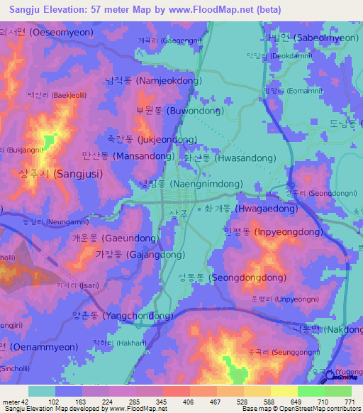 Sangju,South Korea Elevation Map