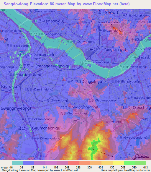 Sangdo-dong,South Korea Elevation Map