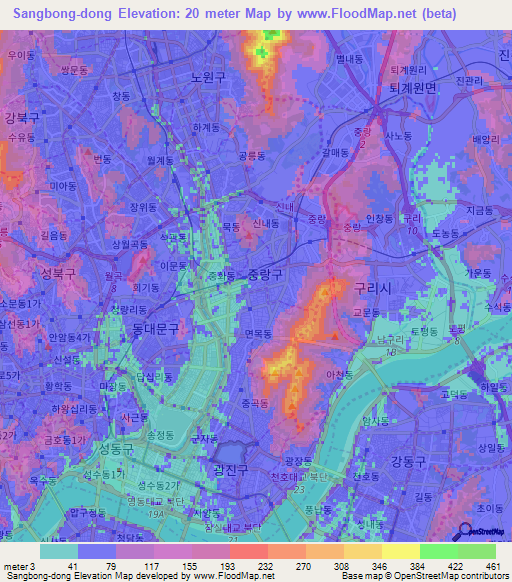 Sangbong-dong,South Korea Elevation Map