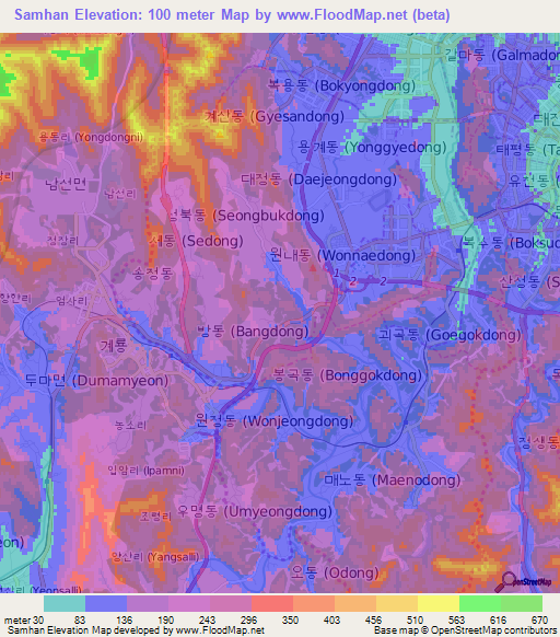 Samhan,South Korea Elevation Map