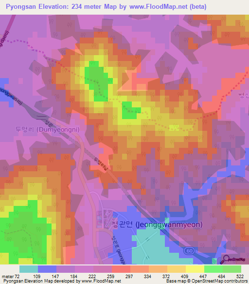 Pyongsan,South Korea Elevation Map